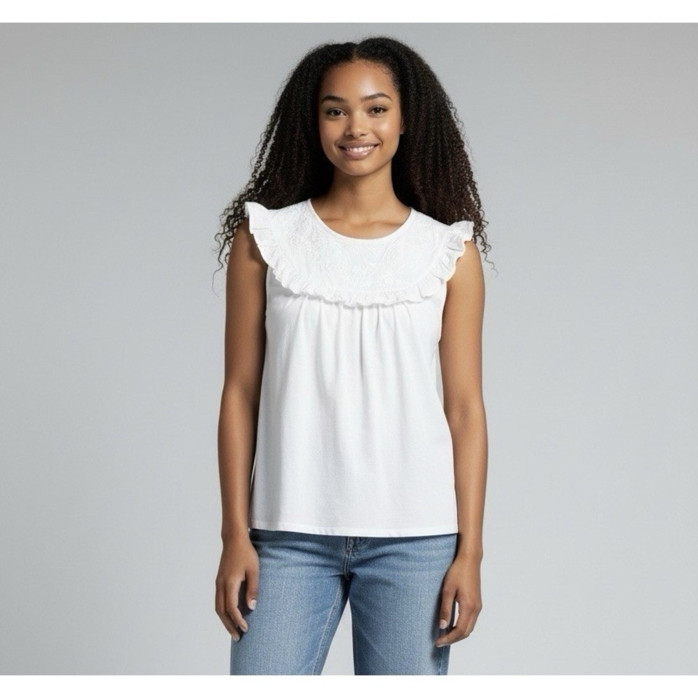 Loft White Tank Top Womens XS Ruffle Neck Sleeveless Embroidered Boho‎ Peasant